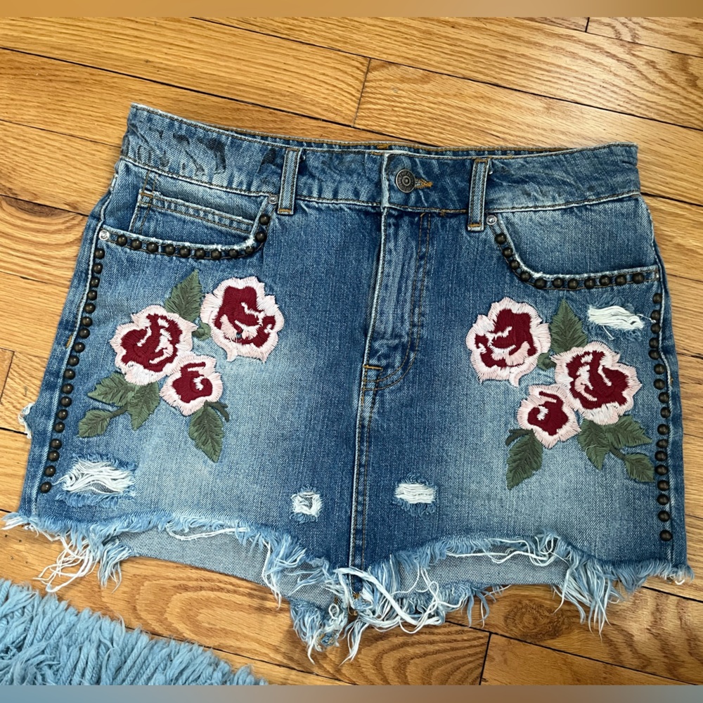 Free people denim skirt with embroidering and stud embellishments